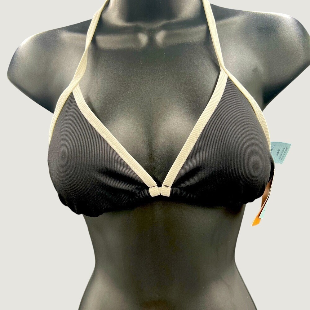 Kona Sol Womens Ribbed Triangle Bikini Top Black Cream Halter Small S 4-6 NEW